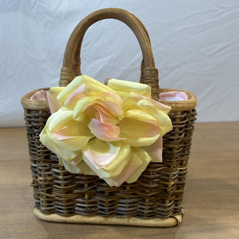 Gretchen Scott Top Handle Bag Womens Small Brown Wicker Yellow Flower Purse